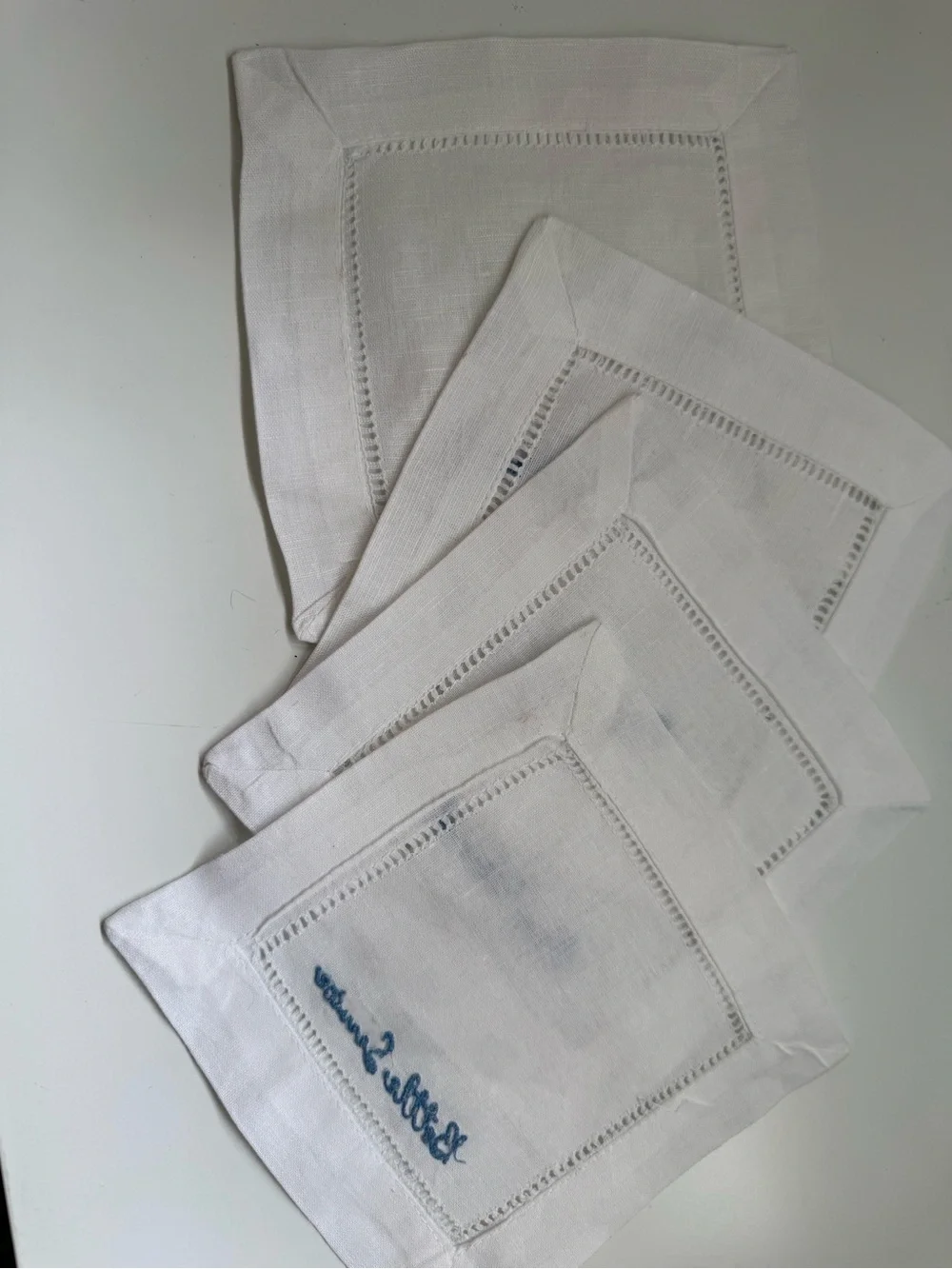Embroidered White Linen Cocktail Napkins with Blue Script